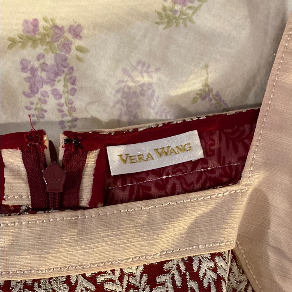 Vera Wang Burgundy and Cream Patterned Dress